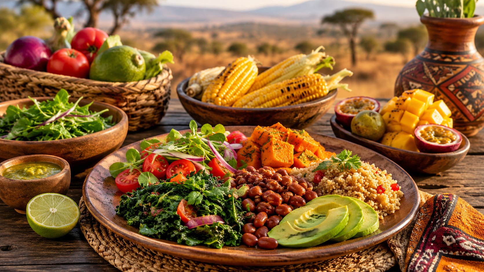 Healthy fresh food on an outdoor table overlooking the savanna