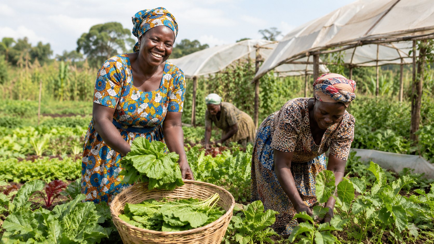 Women harvesting leafy greens in a garden greenhouse